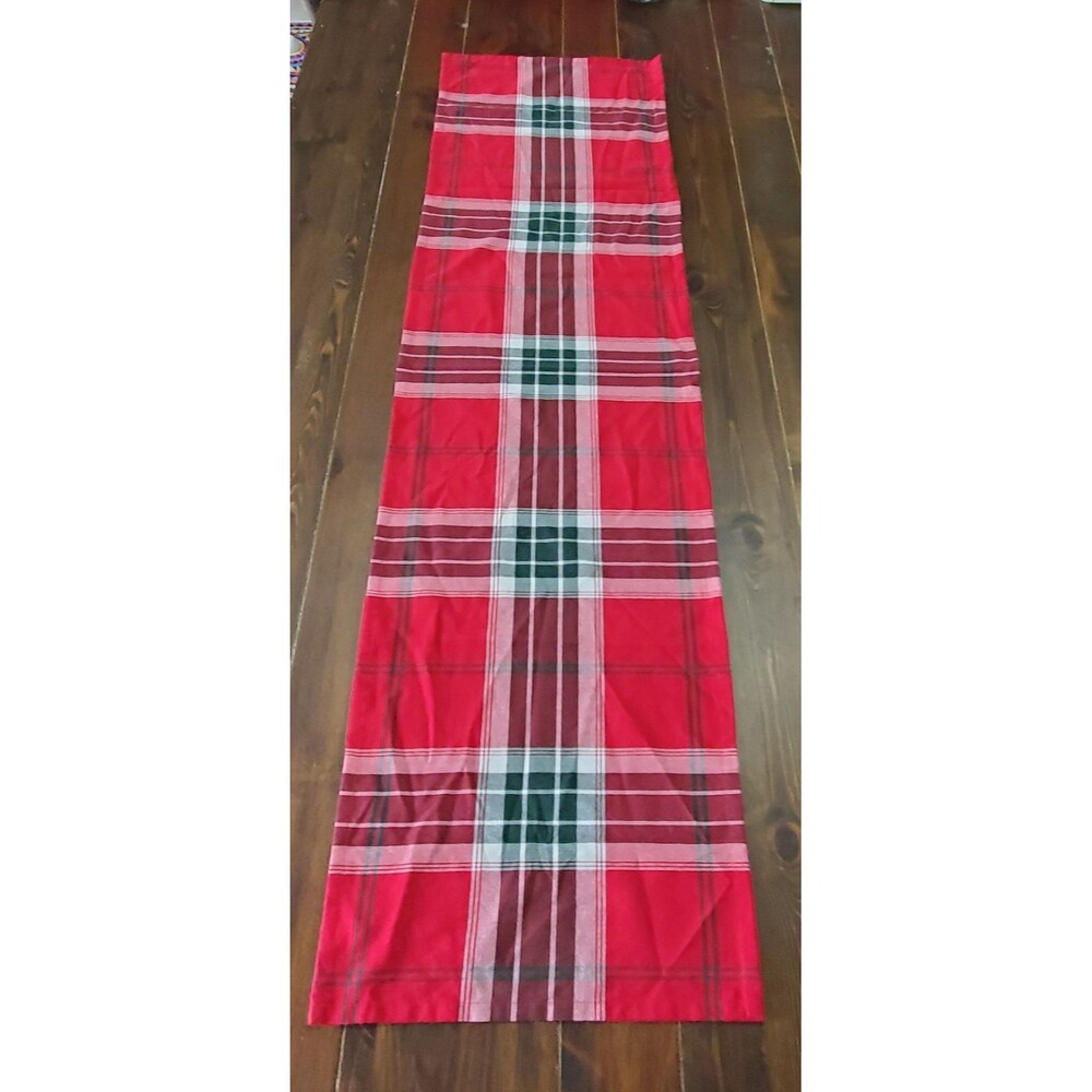 St. Nicholas Square Table Runner Red Green Plaid Cloth 58x15" Holiday Christmas